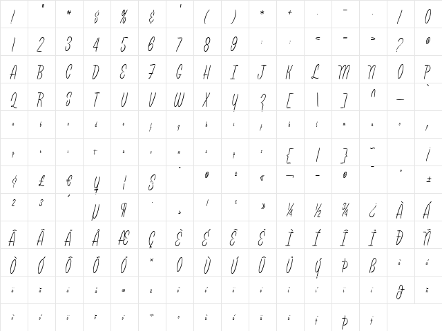 Leisure Script Marquee Regular  glyph index
