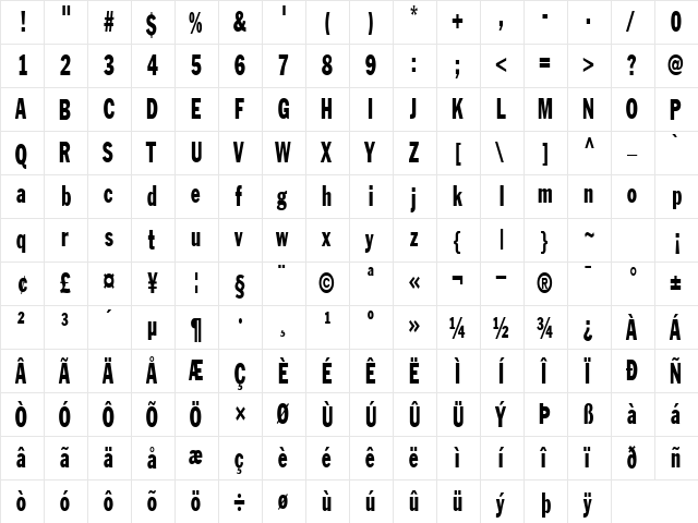 LibraryGothicHeavyCondensed Regular  glyph index