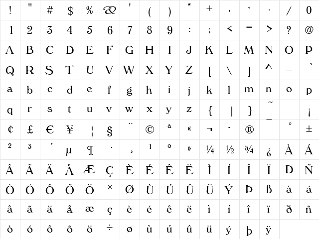 Whitehall Regular  glyph index