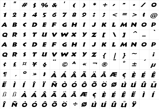 Indy Wide Italic  glyph index