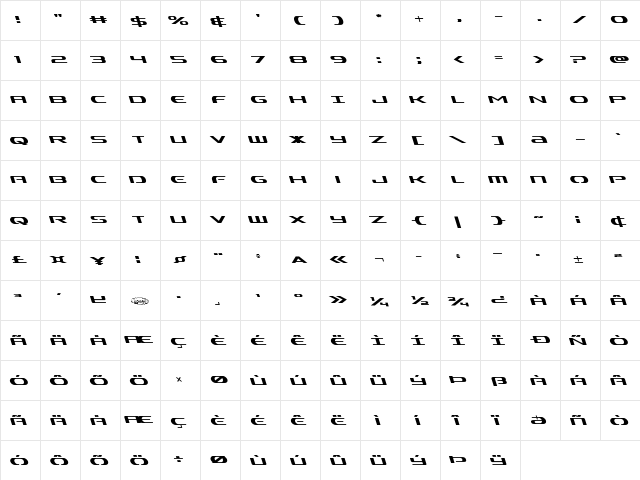 Alpha Men Leftalic Italic  glyph index