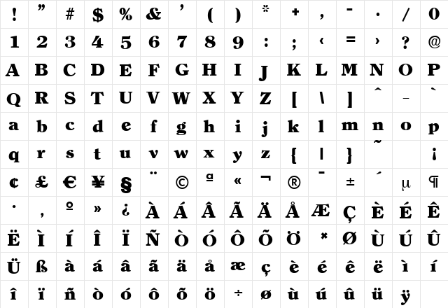 ClearfaceSerial-Heavy Regular  glyph index