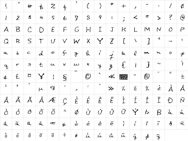 AudreysHand Regular  glyph index