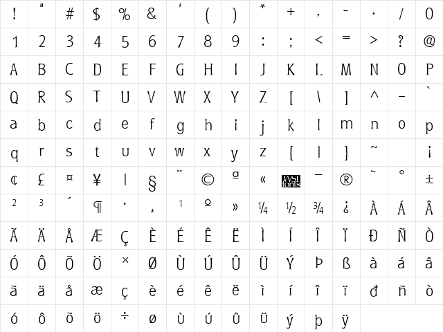 RyndersExtralight Regular  glyph index