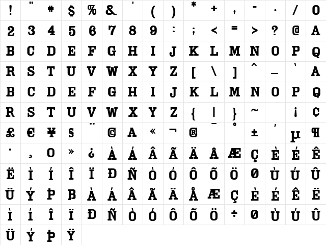 Cam Regular  glyph index