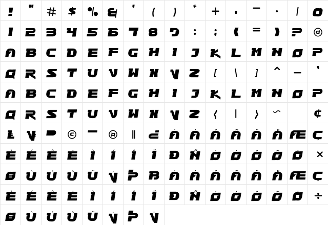 Race Guard Regular  glyph index