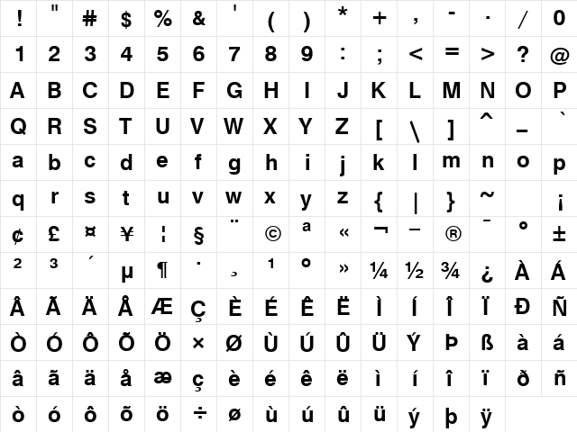 HebarU Bold  glyph index