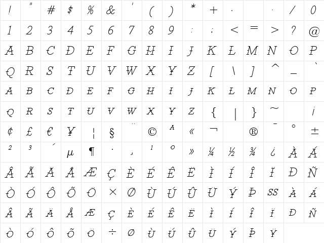 Santiago BTN Light Oblique  glyph index