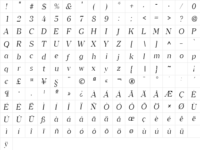 ClearfaceLH Italic  glyph index