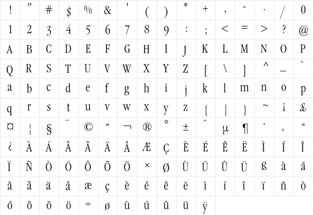 Garamond ITC Condensed BQ Regular  glyph index