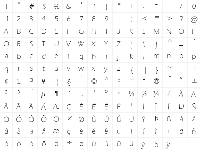 Eras Lt BT Light  glyph index