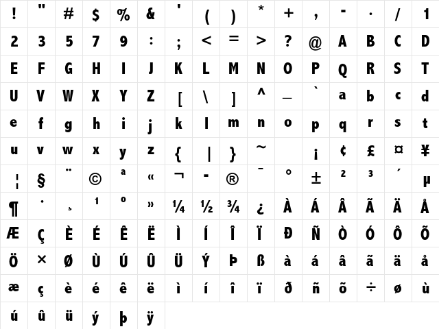 Abadi MT Std Cond Extra Bold  glyph index