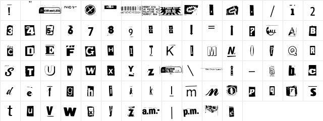 Anonymous Clippings Regular  glyph index