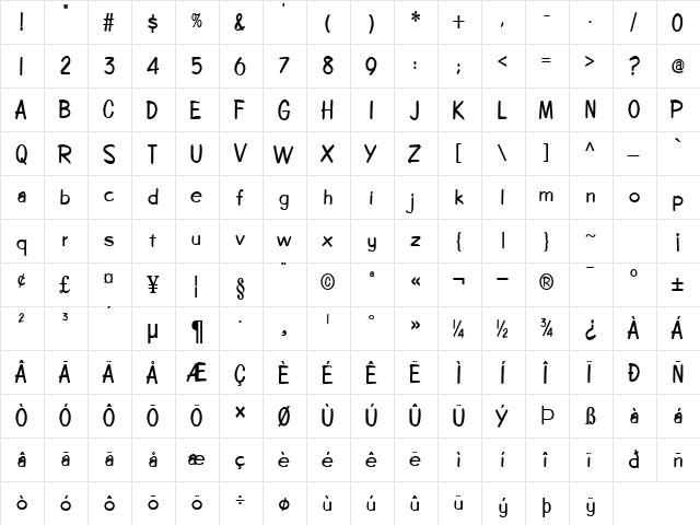 Copybook-Condensed Bold  glyph index