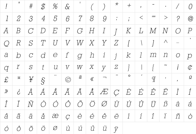Istafford Xlight  glyph index
