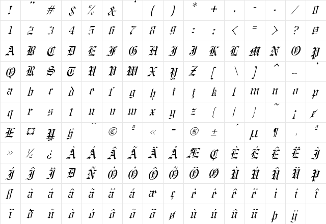 Baxter-Italic Regular  glyph index