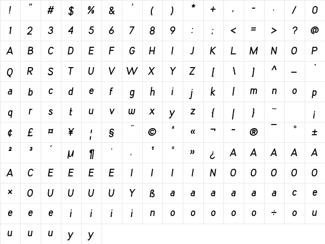 Kalyant Demo Bold Oblique  glyph index