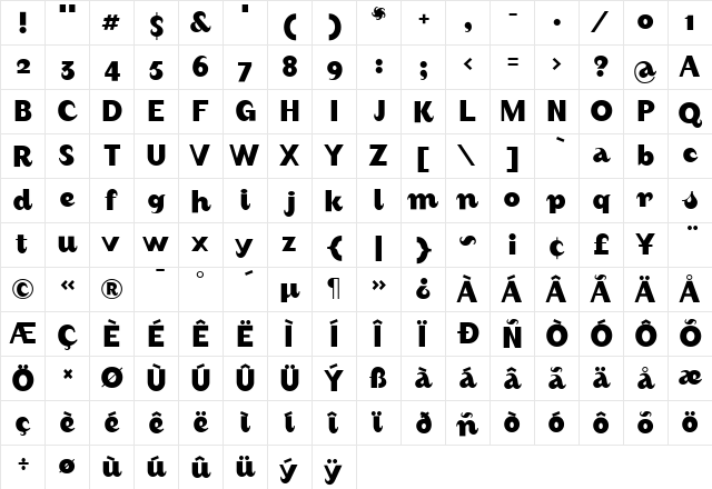 August Bold  glyph index