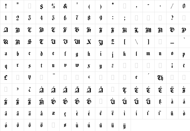 AgincourtPlain Regular  glyph index
