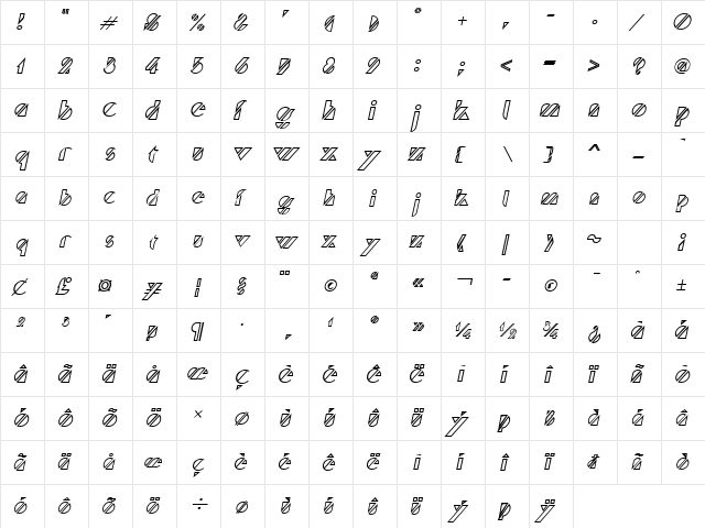 Cane Hollow Italic  glyph index