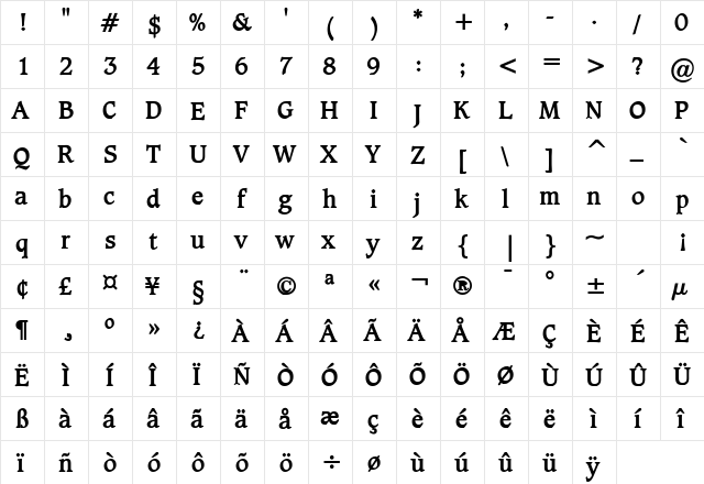 Clayton Bold  glyph index